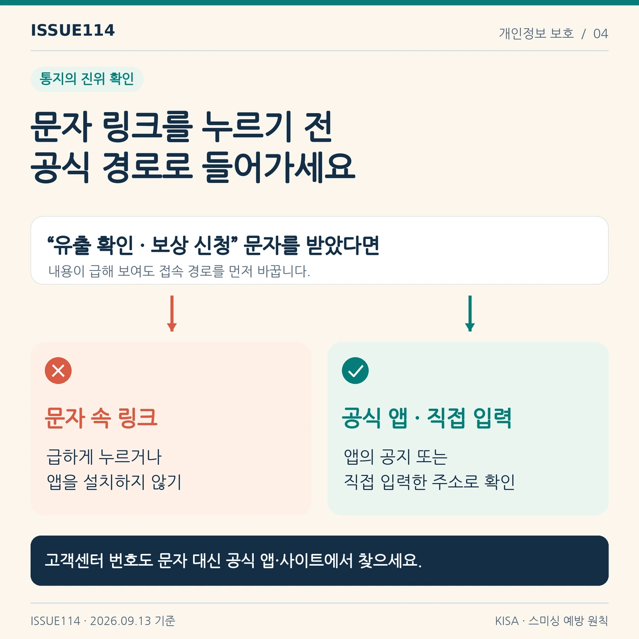 문자 속 링크 대신 공식 앱이나 직접 입력한 주소로 접속하고 고객센터 연락처도 공식 경로에서 확인한다.