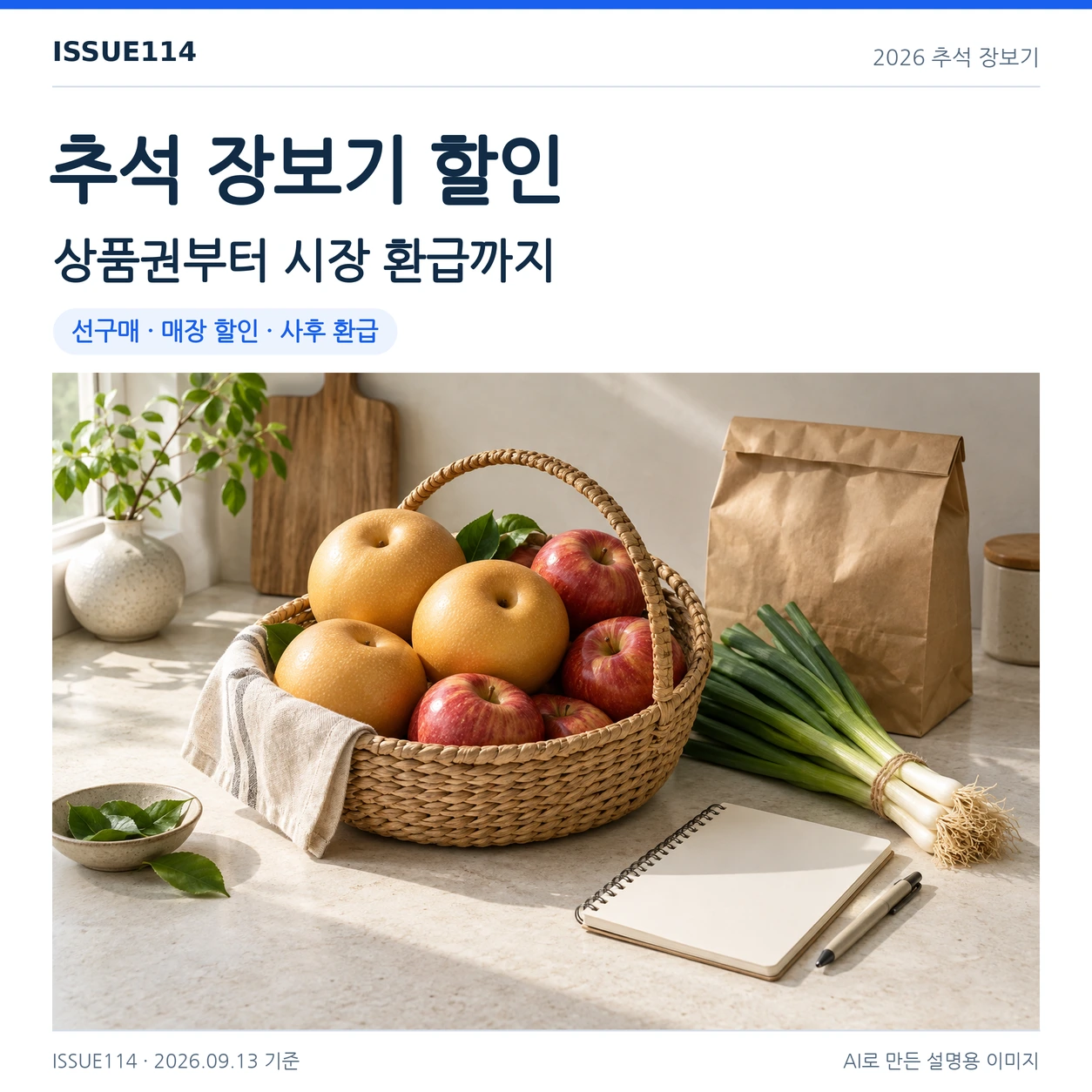 추석 장보기는 필요한 품목과 구매 경로를 함께 정하는 데서 시작한다. 표지 사진은 이해를 돕기 위해 AI로 제작한 설명 이미지이다.