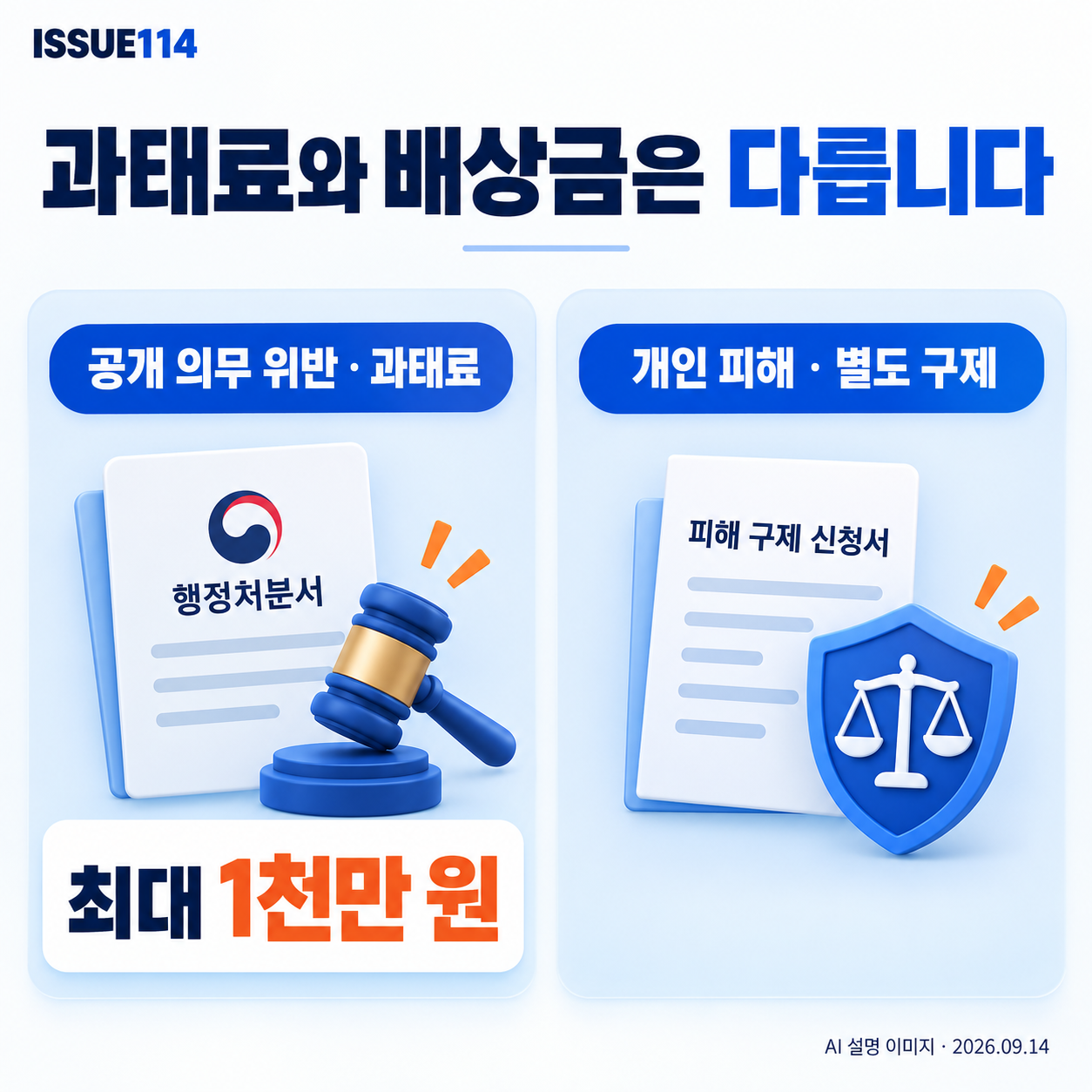 정보공개 의무 위반 과태료와 개인의 피해 구제는 별개다. 표시된 서류는 가상 도식이며 실제 공문이 아니다.