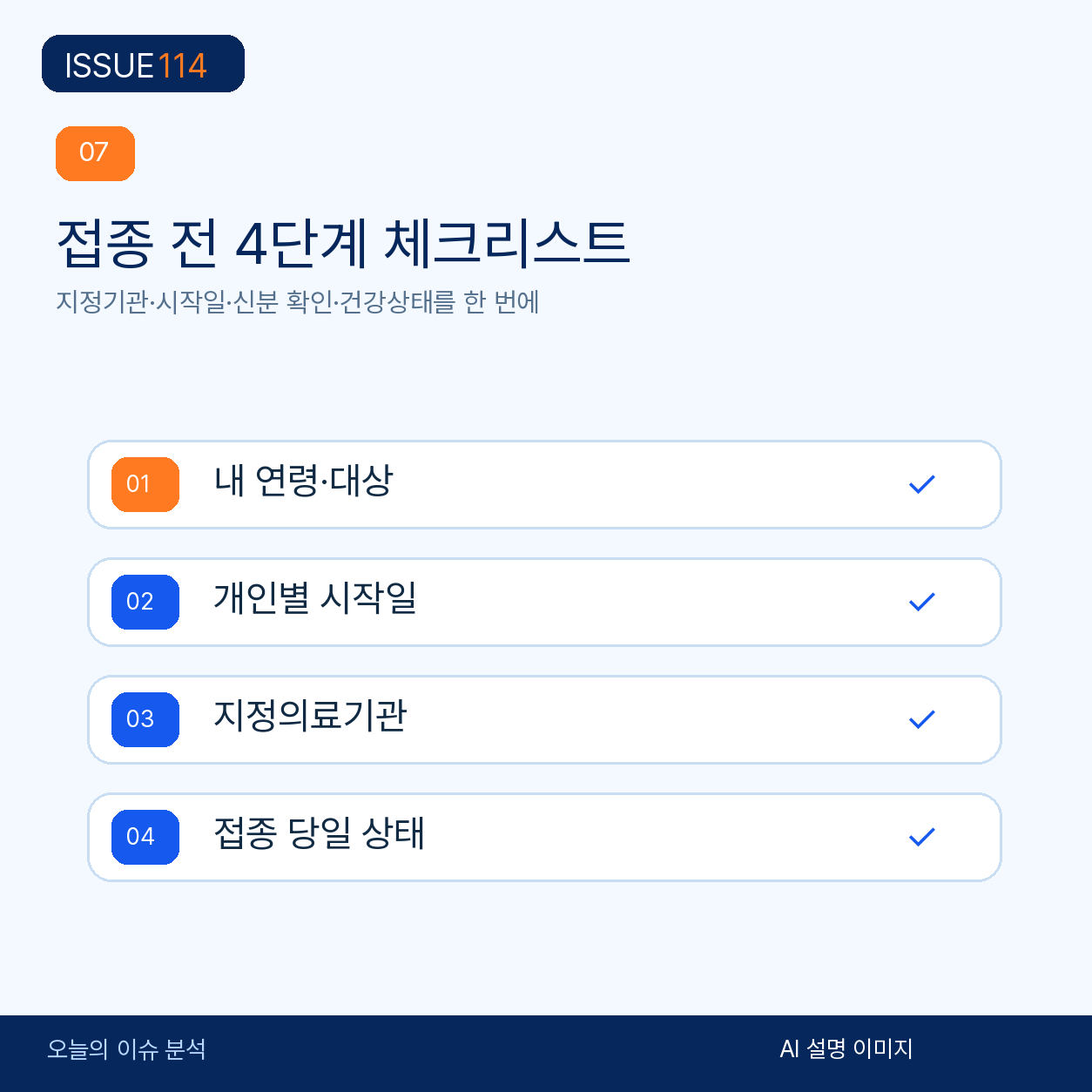 무료접종은 대상·시작일·지정의료기관·당일 상태를 차례로 확인한다.