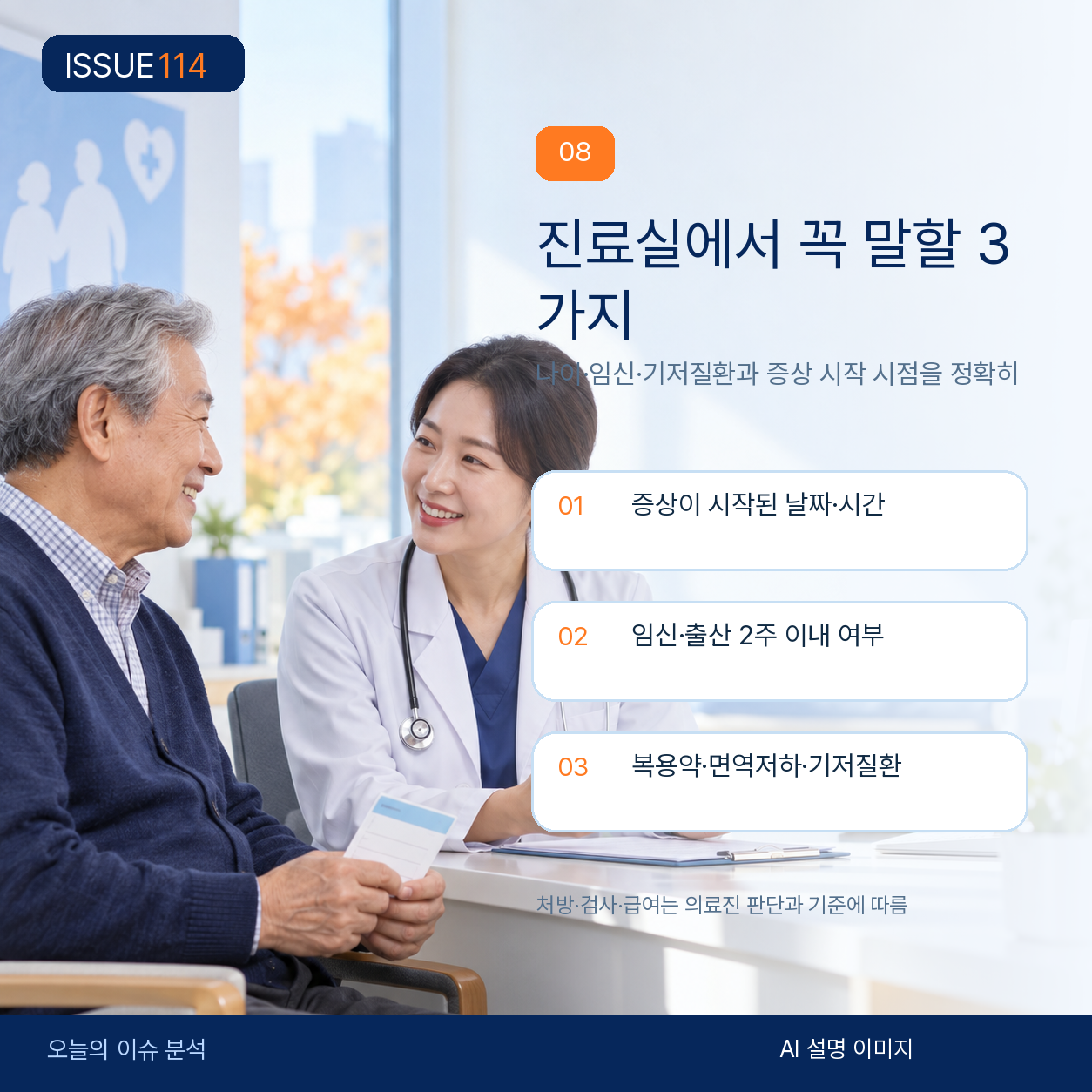 진료실에서는 증상 시작 시점과 고위험 조건, 복용약을 구체적으로 알린다.