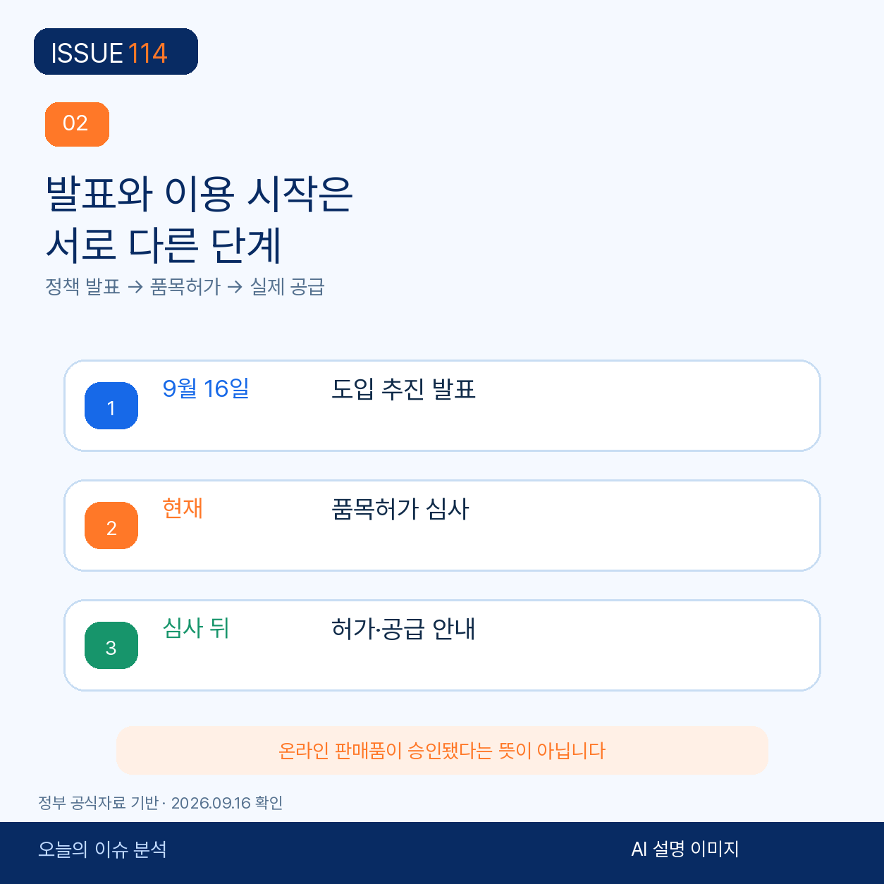 정책 발표부터 품목허가와 공급까지의 단계.