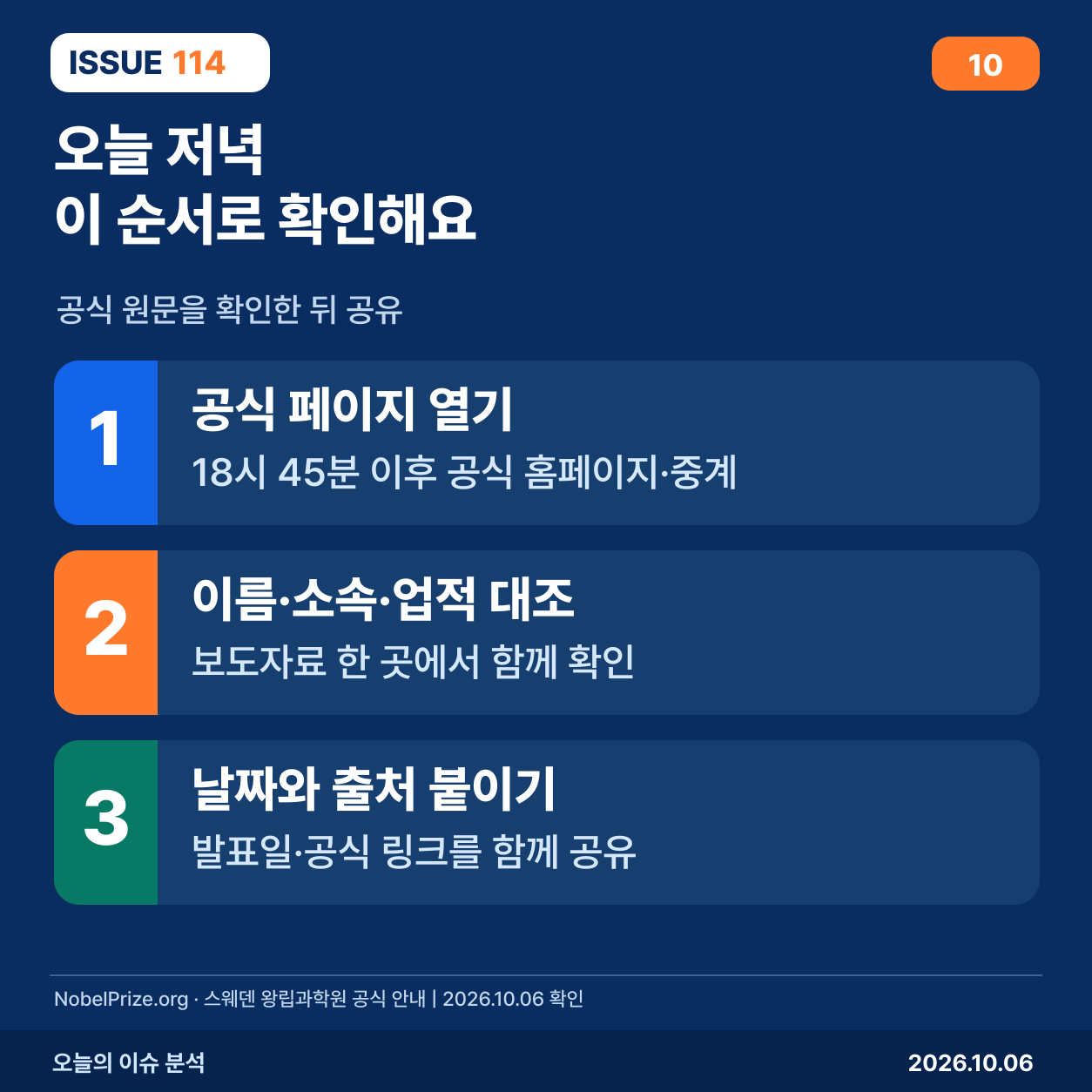 공식 페이지 열기, 수상 정보 대조, 날짜와 출처를 붙여 공유하기