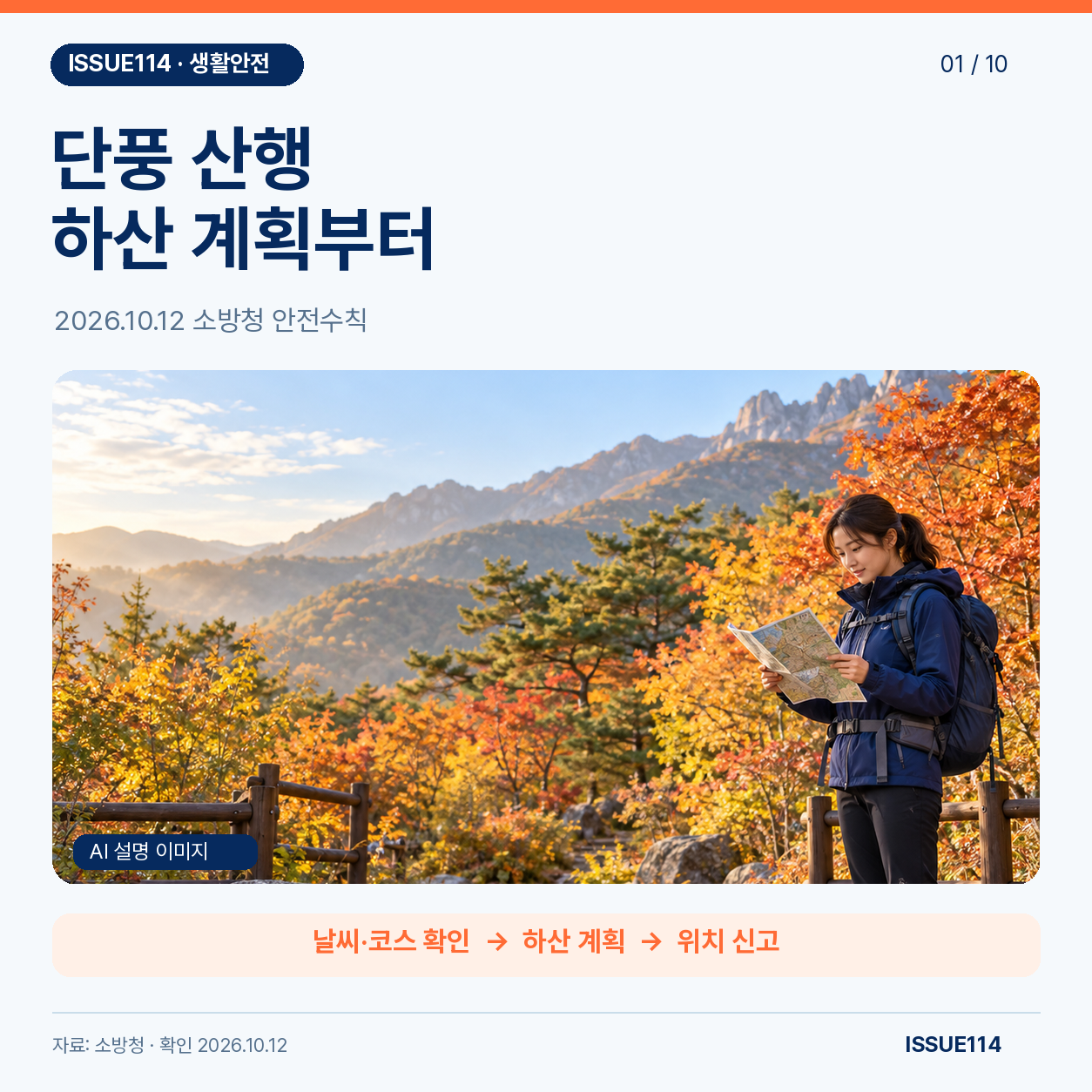 가을철 안전한 등산로 입구에서 지도를 확인하는 성인 여성의 AI 설명 이미지