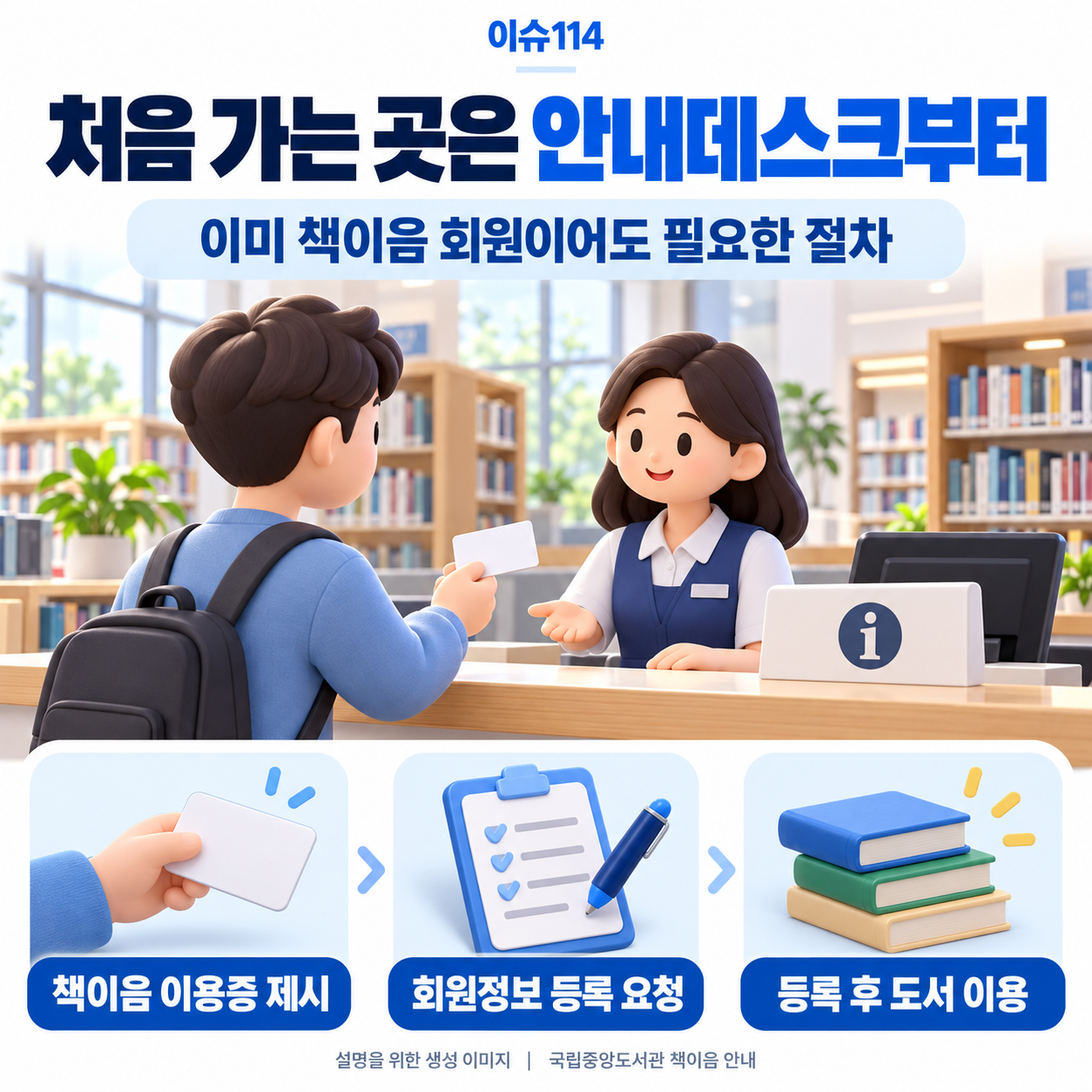 다른 참여도서관을 처음 이용할 때 안내데스크에서 회원정보 등록을 요청하는 모습