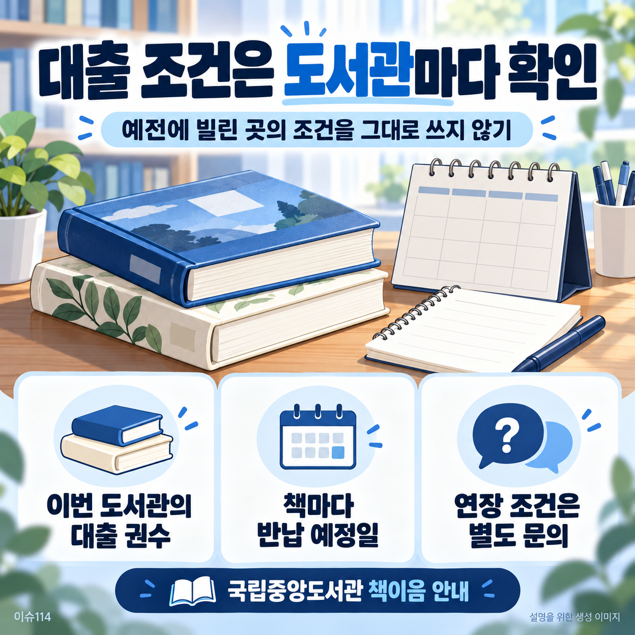 대출 권수와 반납 예정일, 연장 조건을 해당 도서관에서 확인하라는 안내