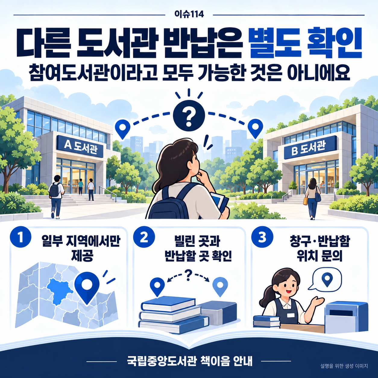 타관반납은 일부 지역에서만 가능하므로 빌린 도서관과 반납할 곳을 확인해야 한다는 안내