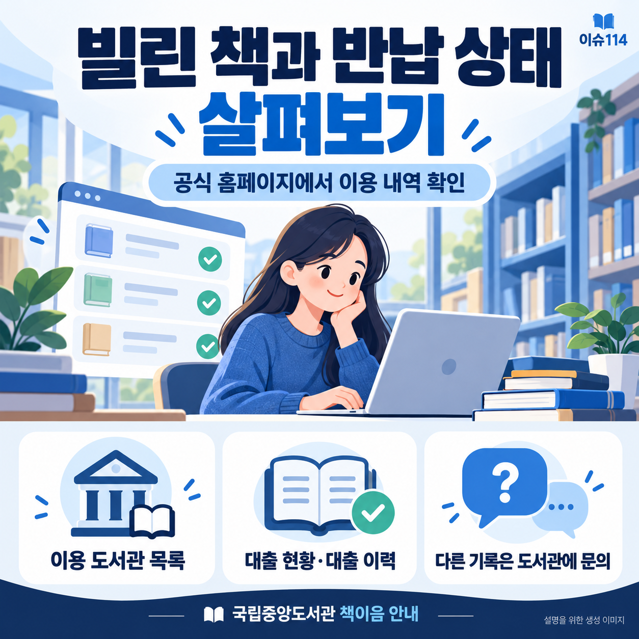 책이음 홈페이지에서 이용 도서관과 대출 현황을 살펴보고 다른 기록은 문의하는 방법
