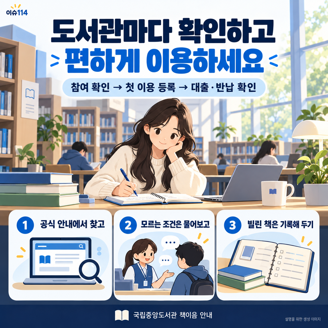 참여도서관 확인부터 첫 이용 등록과 대출·반납 확인까지 책이음 이용 순서를 정리한 마무리
